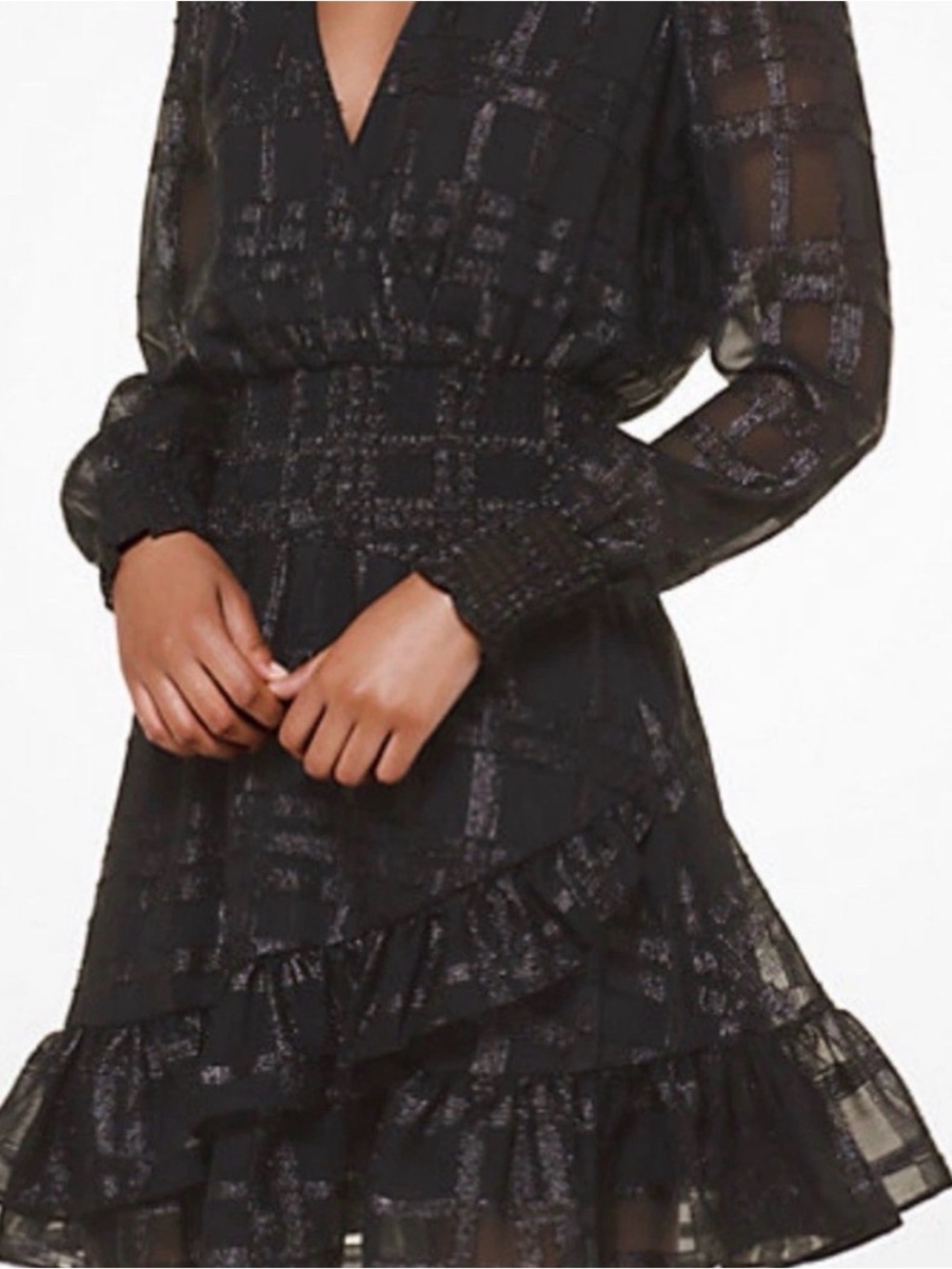 Michael Kors Black Metallic Check Ruffle Long-Sleeve Dress